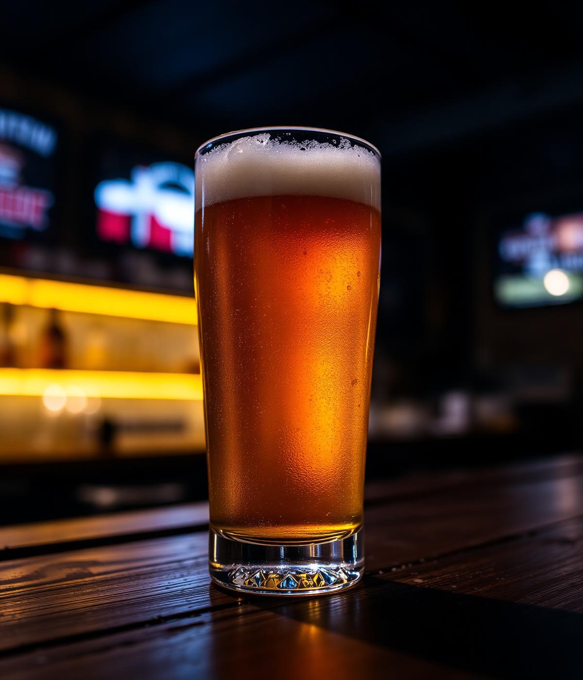 A cold pint of lager on the bar