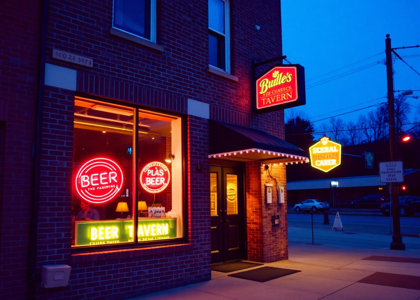 Dorko's Cafe exterior at blue hour with neon signs